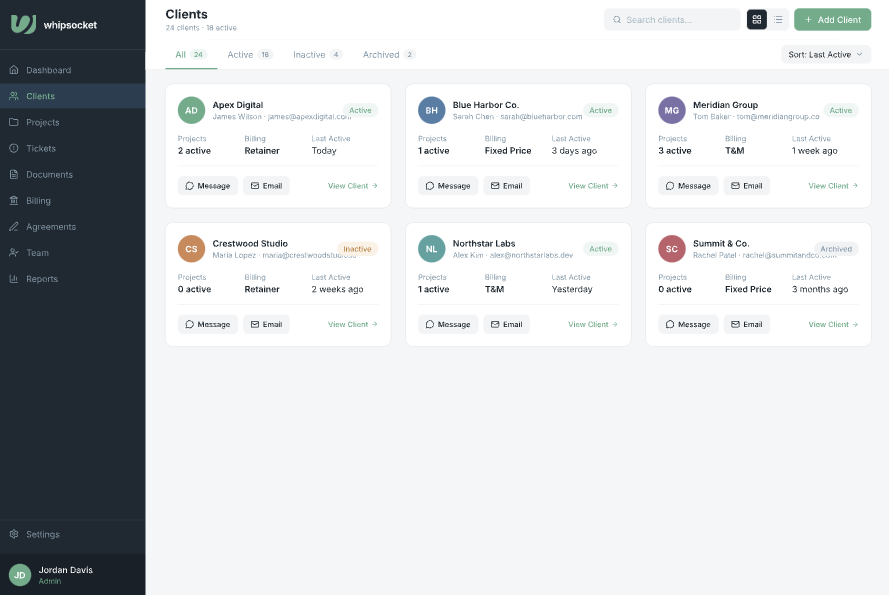 Whipsocket Portal — client-facing project hub with real-time status, billing engine, and built-in e-signatures